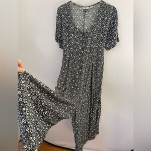 Vintage 90s Rayon Jumpsuit Pants/dress Black Floral M
